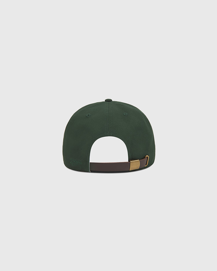 The Ebbets Field Grateful Dead Lightning Bolt Cotton Twill Ballcap is displayed from the back, highlighting its green cotton twill construction and brown adjustable strap with a gold buckle. Set against a simple light gray background, this ballcap’s signature style stands out.