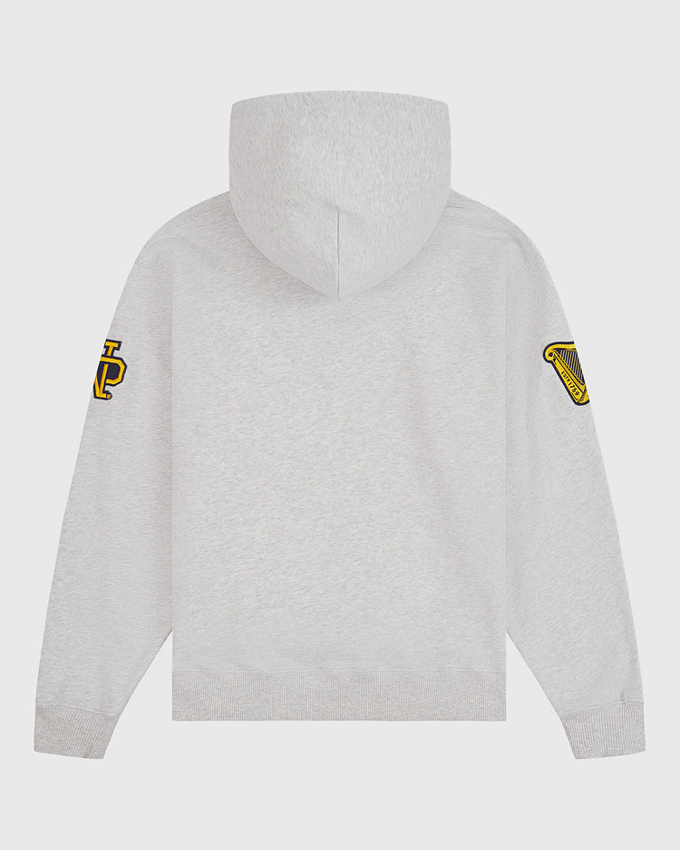 The Notre Dame X Guinness Heavyweight Pullover Hoodie by Ebbets Field is a light gray hoodie shown from the back, featuring a yellow and black crest on the right sleeve and a yellow harp emblem on the left sleeve—a stylish piece that proudly celebrates Irish heritage.
