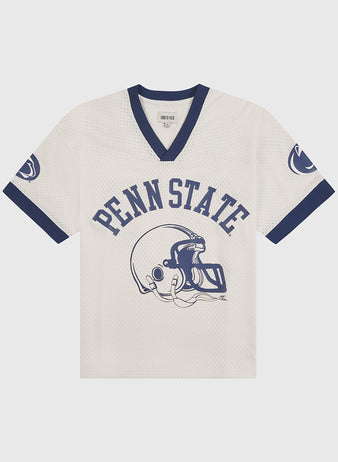 Show your team pride in classic style with the Penn State University Mesh Football Jersey by Ebbets Field. This white mesh jersey features blue trim, PENN STATE text, a football helmet graphic on the front, and blue logos on each sleeve—making it the perfect vintage-inspired piece for any Penn State fan.