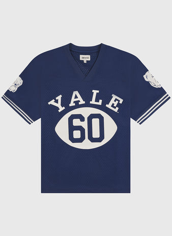 The Ebbets Field Yale Mesh Football Jersey features a classic blue vintage design with bold white YALE lettering, the number 60, and distinctive bulldog faces on each sleeve. This authentic game day jersey offers a V-neck and white sleeve stripes for true Yale Bulldogs style.