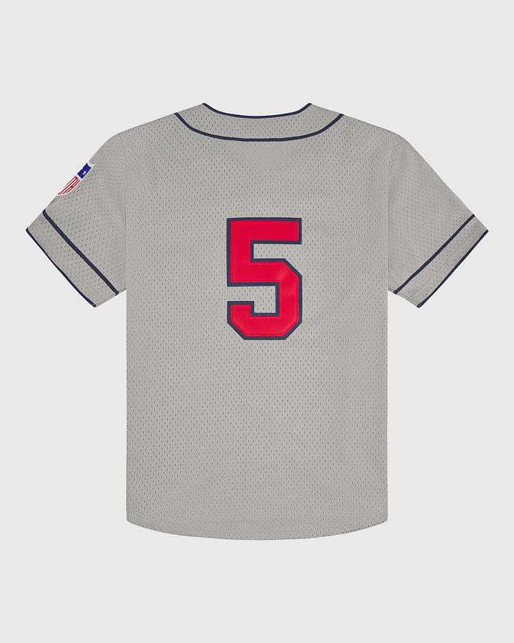 Ebbets Field Los Angeles Angels (PCL) 1942 Mesh Button-Up Road Jersey in gray with dark trim, featuring a large red number 5 outlined in blue on the back and a small American flag patch on the sleeve. The jersey is displayed against a plain white background.