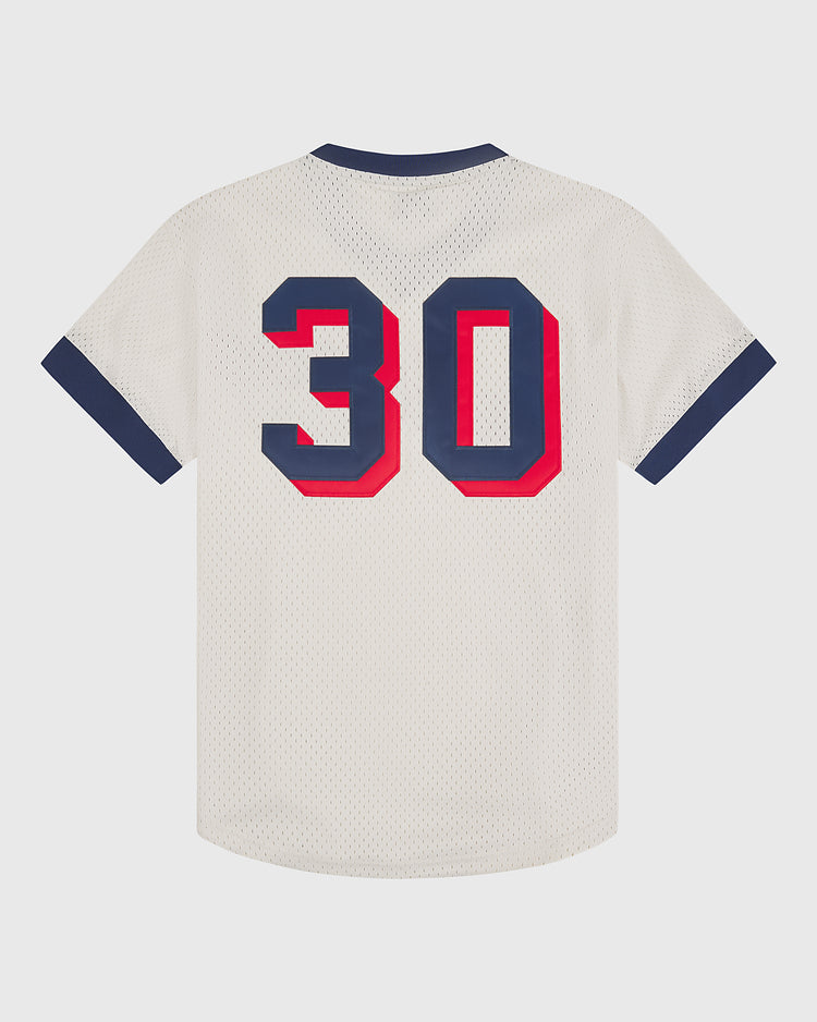 The Los Angeles Angels (PCL) 1957 Mesh V-Neck Home Jersey by Ebbets Field features a white mesh design with navy blue collar and sleeves, and a large number 30 in navy blue with a red outline on the back.