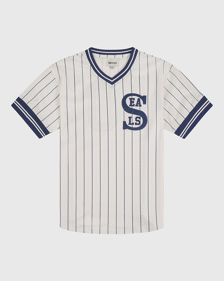 The Ebbets Field San Francisco Seals 1933 Mesh V-Neck Home Jersey is a white short-sleeve baseball jersey featuring thin navy vertical stripes, navy trim on the sleeves and collar, and “SEALS” in navy letters on the left chest.