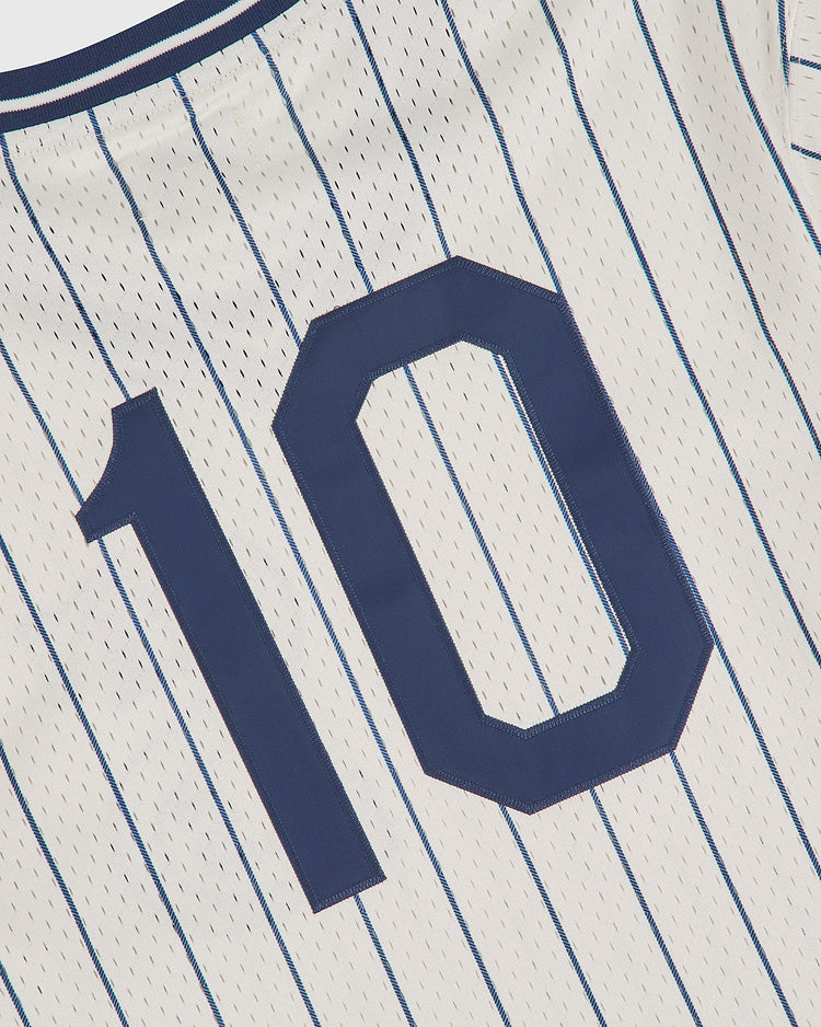 The Ebbets Field San Francisco Seals 1933 Mesh V-Neck Home Jersey features white pinstripes, a navy blue number 10 on the front, and a navy collar accented with red and light blue trim.