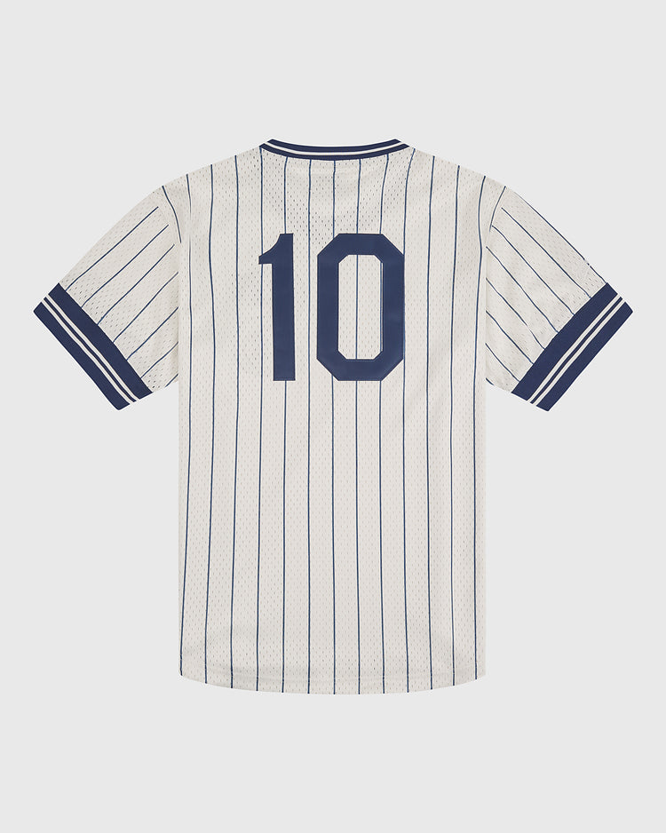 The Ebbets Field San Francisco Seals 1933 Mesh V-Neck Home Jersey features a white base with thin navy blue vertical stripes and the number 10 in navy on the back. Navy blue stripes accent the edges of the sleeves for a classic look.