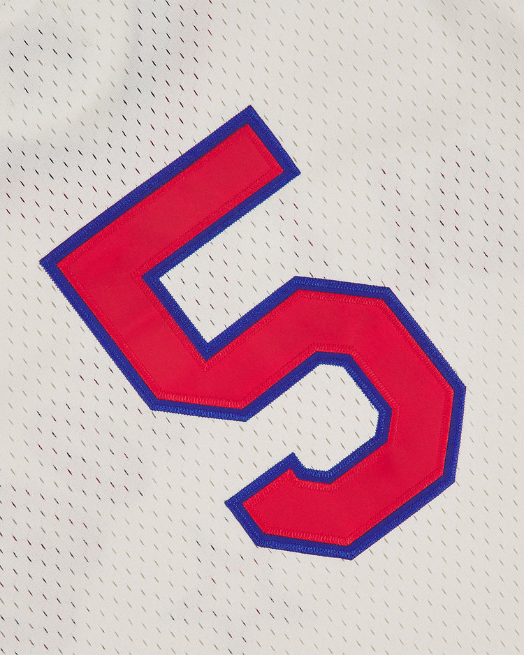 The Ebbets Field Hollywood Stars 1940 Mesh V-Neck Home Jersey features a large red number 5 outlined in blue on white mesh.