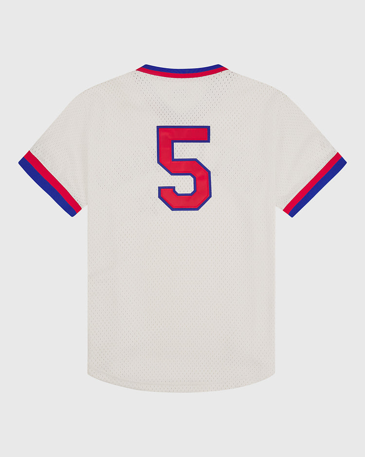 The Ebbets Field Hollywood Stars 1940 Mesh V-Neck Home Jersey is a white sports jersey with blue and red trim on the sleeves and collar, featuring a large red number 5 outlined in blue on the back.