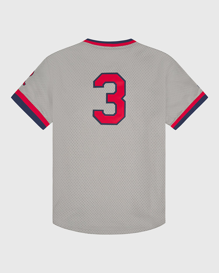 The Seattle Rainiers 1951 Mesh V-Neck Road Jersey by Ebbets Field is a gray baseball jersey with blue and red trim on the sleeves and collar. The back of the jersey features a large red number 3 outlined in blue.