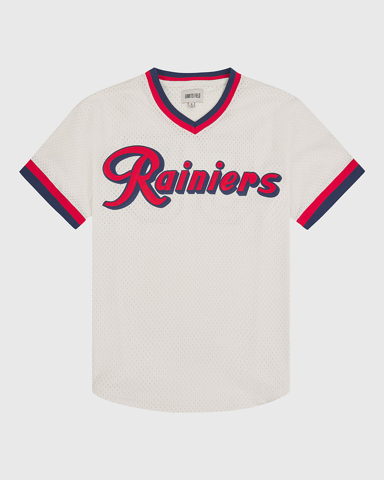 The Seattle Rainiers 1955 Mesh V-Neck Home Jersey by Ebbets Field features a white design with “Rainiers” in red and navy blue script across the chest, accented by navy and red stripes on the sleeves and collar.