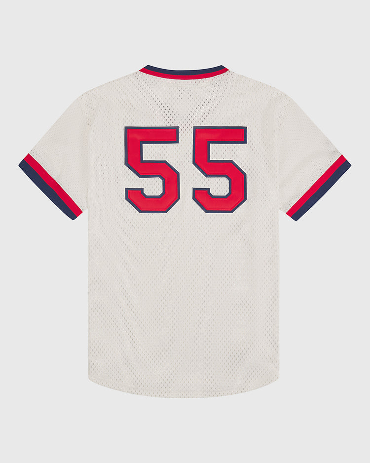The Ebbets Field Seattle Rainiers 1955 Mesh V-Neck Home Jersey is a white short-sleeve sports jersey featuring navy and red trim, with the number 55 in bold red outlined in navy on the back.