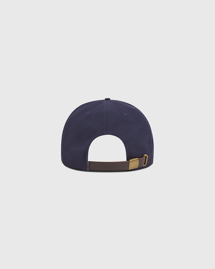 An Ebbets Field Los Angeles Angels (PCL) 1942 Cotton Twill Ballcap in navy blue, shown from the back with a brown adjustable strap and gold buckle against a plain white background, echoing the timeless style of the original 1942 design.