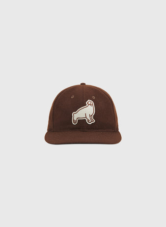 A front view of the Ebbets Field San Francisco Seals 1940 Wool Ballcap, a brown vintage baseball cap featuring a white patch with a standing dog on the front, set against a plain light background.