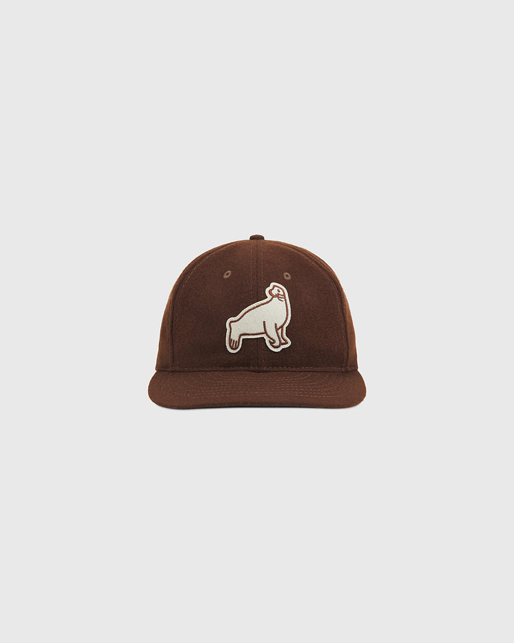 A front view of the Ebbets Field San Francisco Seals 1940 Wool Ballcap, a brown vintage baseball cap featuring a white patch with a standing dog on the front, set against a plain light background.