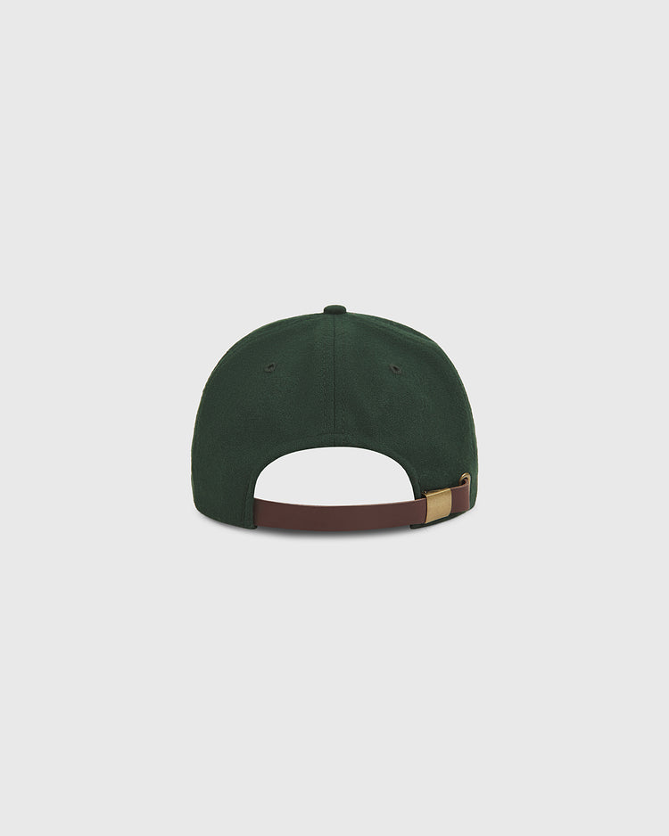 The Ebbets Field Los Angeles Angels (PCL) 1942 Authentic Wool Ballcap in dark green is shown from the back, featuring a brown adjustable strap with a gold buckle set against a plain light background.