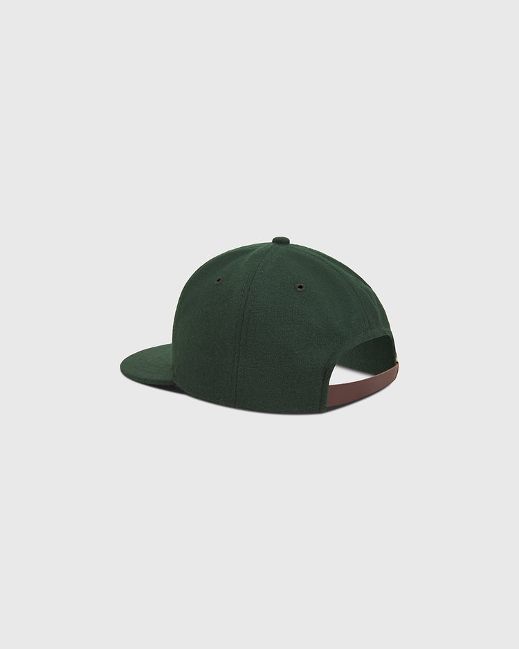 The Ebbets Field Los Angeles Angels (PCL) 1942 Authentic Wool Ballcap is pictured from the back on a plain light gray background, showcasing its dark green wool fabric and adjustable strap.