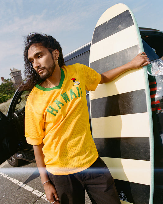 A person in a yellow “Hawaii” shirt leans against a car, holding a striped surfboard. The scene is outdoors, with grass and a building visible in the background.