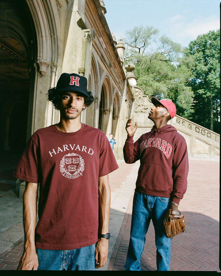 Two men in Harvard University attire stand outside an ornate stone building. One wears the Ebbets Field Harvard University Short Sleeve Tee and a cap, facing the camera; the other, in an arch logo hoodie and cap, looks up holding a brown bag.