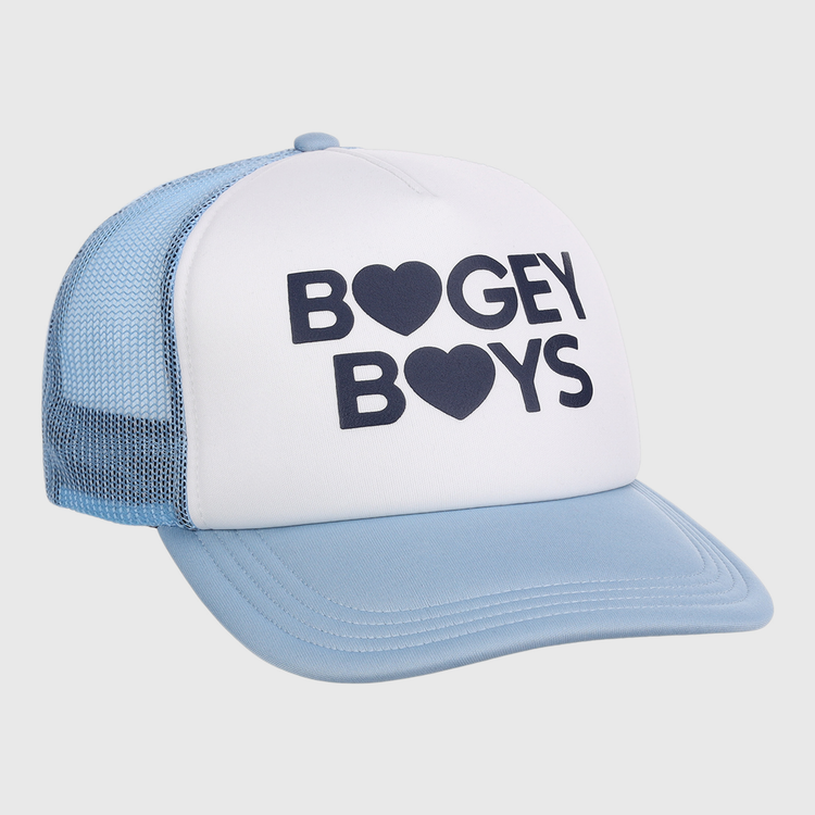 The Bogey Boys x EFF Trucker by EFF is a light blue and white snapback hat with “BOGEY BOYS” in bold black letters—O’s as hearts, plus mesh back styling. A perfect, stylish golf hat.