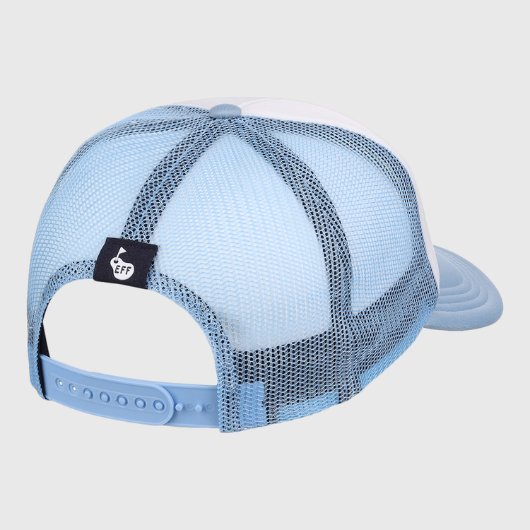 The EFF Bogey Boys x EFF Trucker hat is light blue and white with a mesh back, adjustable snapback, and a small black thumbs-up tag—ideal for golf.