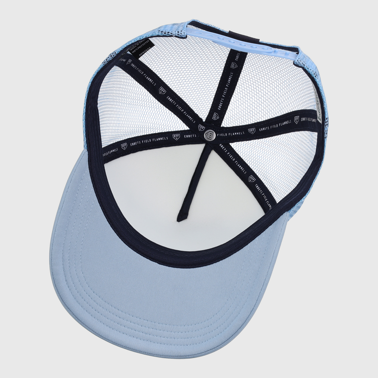 A light blue Bogey Boys x EFF Trucker hat by EFF, shown from the inside with a mesh back, curved brim, and black inner seams featuring white lettering.
