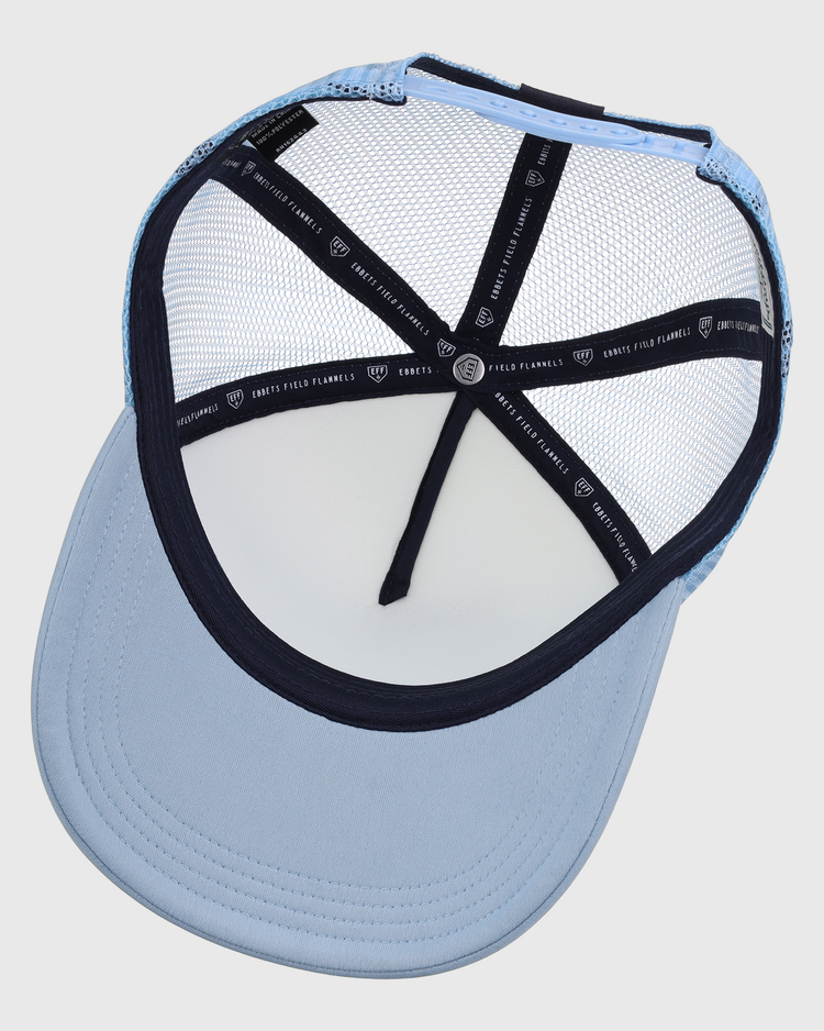 A light blue Bogey Boys x EFF Trucker hat by EFF, shown from the inside with a mesh back, curved brim, and black inner seams featuring white lettering.