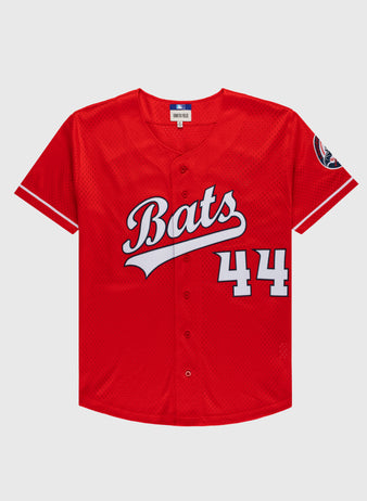 The Ebbets Field ELLY DE LA CRUZ BUTTON UP MESH JERSEY in red features white trim, Bats script and number 44 on the front, a circular left sleeve patch, and a button-down front.