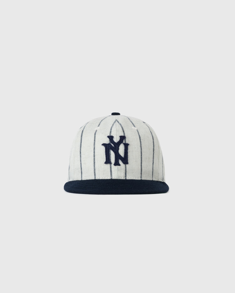 The EFF Bronx Giants 1922 Authentic Wool Soft Short Brim Ballcap features classic pinstripes, a bold black NY logo, and a solid black brim, shown against a plain light background.