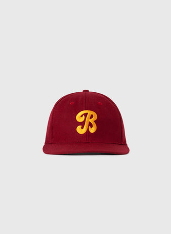 The EFF Brooklyn College 1947 Authentic Wool Ballcap is a vintage maroon cap with a yellow embroidered B on the front, shown against a plain light gray background.