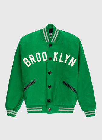 The EFF Brooklyn Dodgers 1937 Authentic All Wool Varsity Jacket is a green varsity jacket with white striped trim, BROOKLYN in white across the chest, and two diagonal zippered pockets inspired by an Ebbets Field classic.