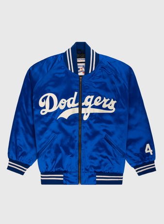 The EFF Brooklyn Dodgers 1947-50 Authentic All Satin Varsity Jacket features Dodgers in white script, a blue satin body, striped collar and cuffs, a 4 on the sleeve, and front zipper—faithful to the classic team jacket.
