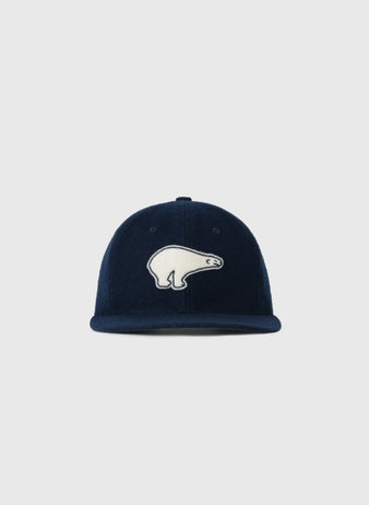 The EFF Cerveceria Polar 1950 Authentic Wool Ballcap is a navy vintage baseball hat featuring a white Cuban Polar Bear mascot patch, shown on a plain light gray background.