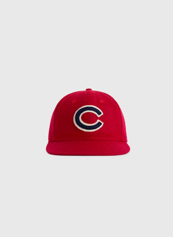 The EFF Chattanooga Lookouts 1939 Authentic Wool Ballcap features a red design with a white-outlined navy blue C logo, capturing the classic style of the historic team, shown on a plain light gray background.