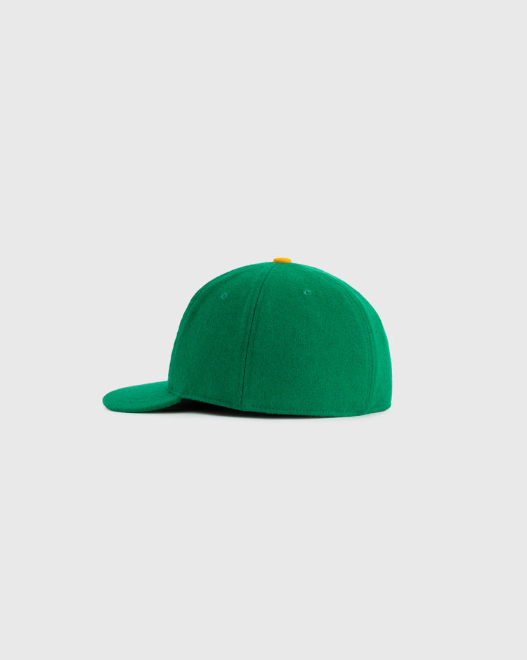 The EFF Clearing Question Marks 1941 Authentic Wool Ballcap is shown in green with a flat brim, yellow top button, and side view, set against a plain light gray background—a faithful reproduction of the original 1941 design.