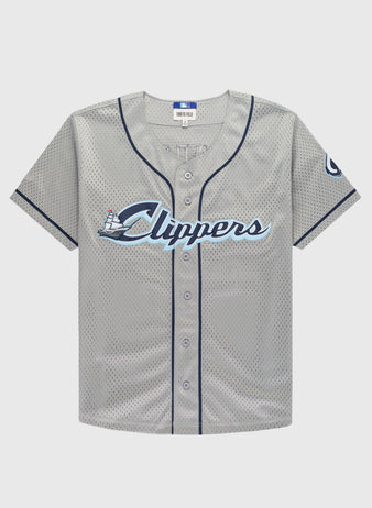 The Ebbets Field FRANCISCO LINDOR BUTTON UP MESH JERSEY GRY features gray mesh, navy blue trim, front buttons, Clippers and ship logo on the chest, plus a patch on the left sleeve.