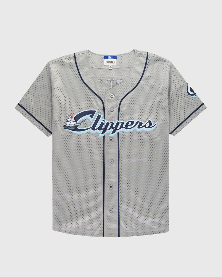 The Ebbets Field FRANCISCO LINDOR BUTTON UP MESH JERSEY GRY features gray mesh, navy blue trim, front buttons, Clippers and ship logo on the chest, plus a patch on the left sleeve.