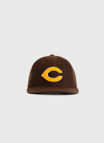 The EFF Cordoba Cafeteros 1978 Authentic Wool Ballcap features a brown design with a bold yellow C on the front, honoring the historic Mexican League team, shown against a plain light gray background.