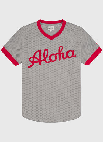 The Ebbets Field Aloha 100th Infantry 1942 Mesh V-Neck Jersey is a gray, mesh jersey with red trim and 
