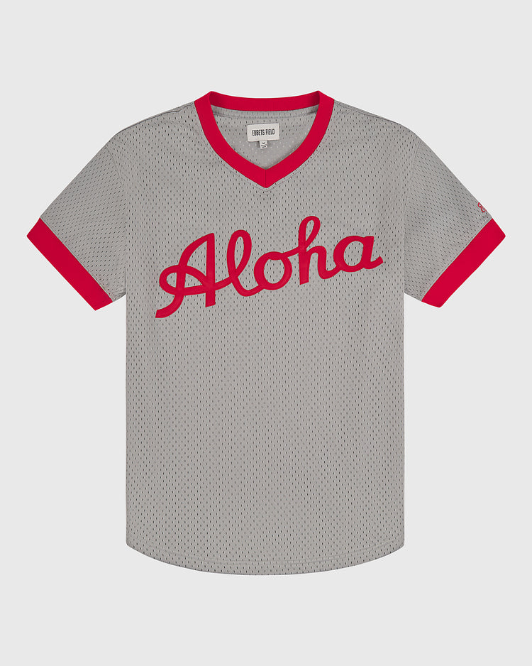 The Ebbets Field Aloha 100th Infantry 1942 Mesh V-Neck Jersey is a gray, mesh jersey with red trim and 
