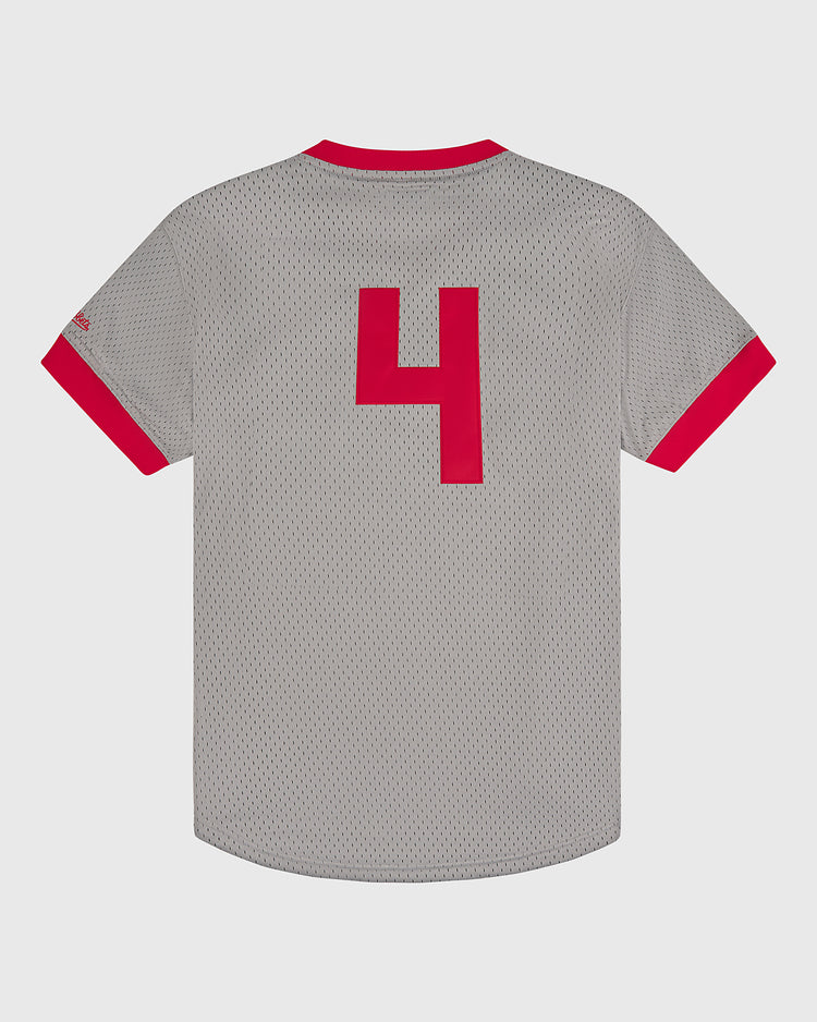 The Ebbets Field Aloha 100th Infantry 1942 Mesh V-Neck Jersey is gray with red trim, inspired by Japanese-American baseball and the Aloha team, featuring a large red “4” on the back. Displayed on a plain white background.