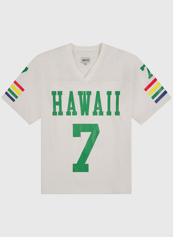 The Ebbets Field University of Hawaii Rainbow Warriors Mesh Football Jersey features white mesh, green 