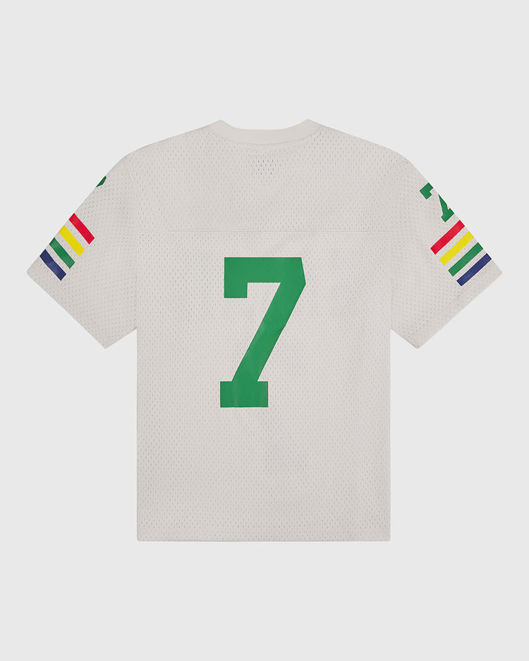 The Ebbets Field University of Hawaii Rainbow Warriors Mesh Football Jersey features a white mesh design, bold green number 7 on the back, and colorful striped sleeve accents inspired by the classic team style.