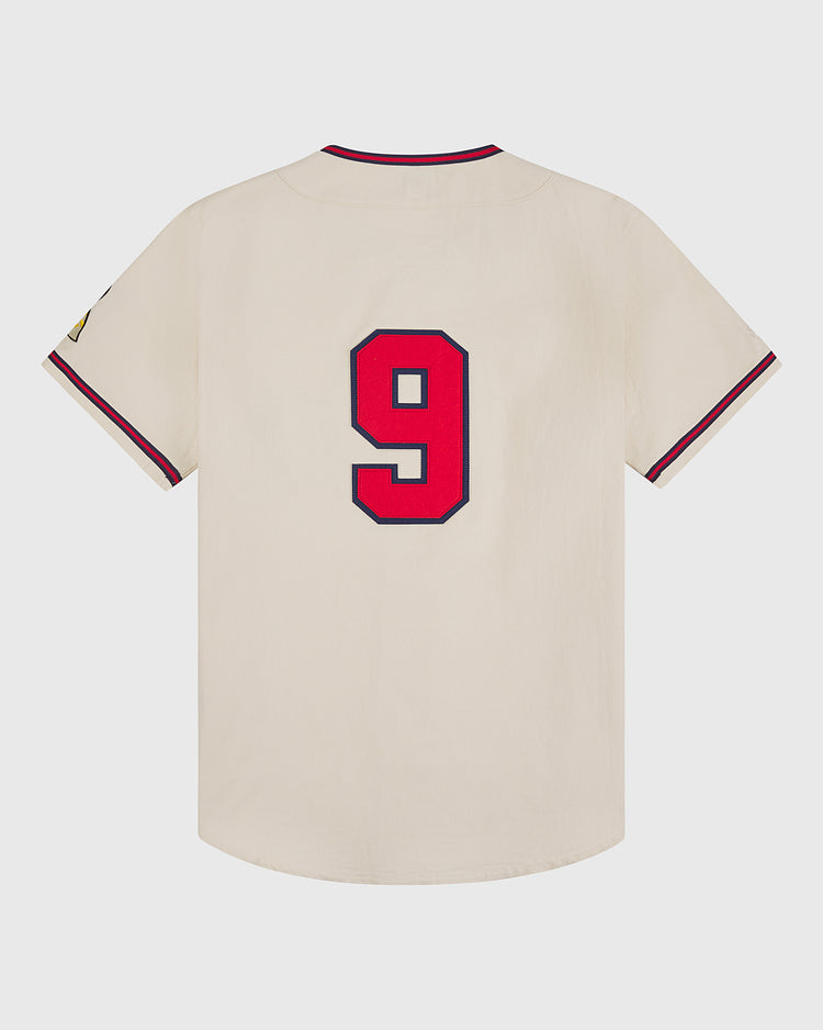 The Ebbets Field Hawaii Islanders (PCL) 1964 Cotton Twill Baseball Jersey is cream-colored with red-and-black sleeve and collar trim and a large red and black number 9 on the back—a classic vintage style.