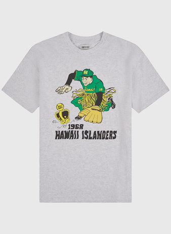 The Ebbets Field Hawaii Islanders (PCL) Short Sleeve Graphic T-Shirt is a vintage gray tee made from soft 200gsm cotton, featuring a cartoon baseball player in green and yellow with 