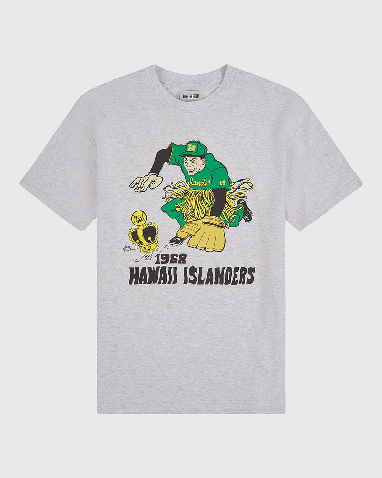 The Ebbets Field Hawaii Islanders (PCL) Short Sleeve Graphic T-Shirt is a vintage gray tee made from soft 200gsm cotton, featuring a cartoon baseball player in green and yellow with 