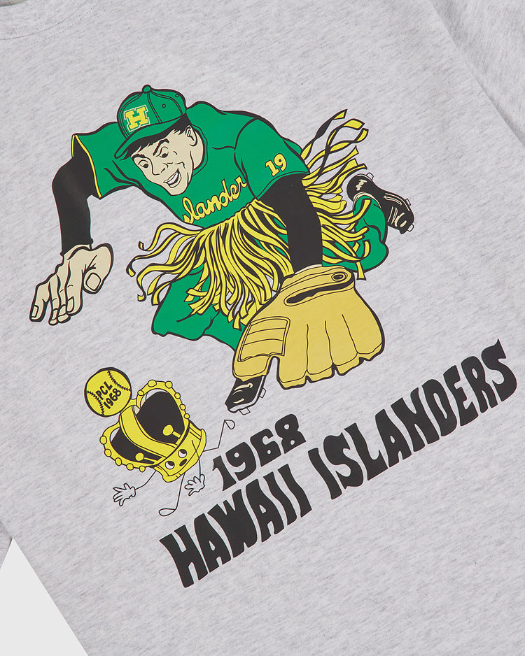 A cartoon baseball player in a green H cap leaps to catch a ball on this vintage-style Ebbets Field Hawaii Islanders (PCL) Short Sleeve Graphic T-Shirt, crafted from soft 200gsm cotton and featuring 1968 team graphics.