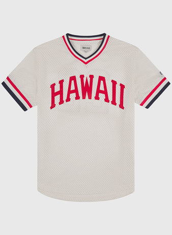 The Ebbets Field Hawaii Islanders (PCL) 1974 Mesh V-Neck Jersey features a classic white mesh design with red and navy trim, plus bold red HAWAII lettering across the chest, inspired by vintage Islanders style.