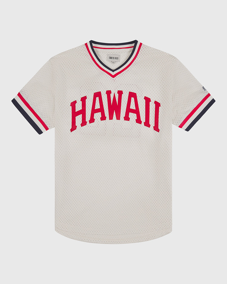 The Ebbets Field Hawaii Islanders (PCL) 1974 Mesh V-Neck Jersey features a classic white mesh design with red and navy trim, plus bold red HAWAII lettering across the chest, inspired by vintage Islanders style.