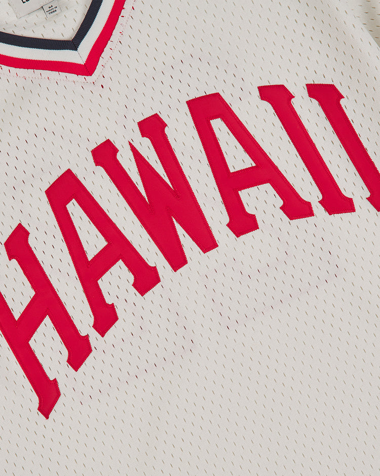 The Ebbets Field Hawaii Islanders (PCL) 1974 Mesh V-Neck Jersey is a vintage-style white mesh jersey with red collar trim and bold red 