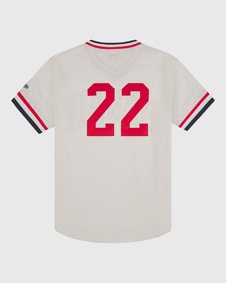 The Ebbets Field Hawaii Islanders (PCL) 1974 Mesh V-Neck Jersey features white mesh fabric, black/red/white striped sleeve and collar trim, and a bold red number 22 on the back—a vintage baseball classic.