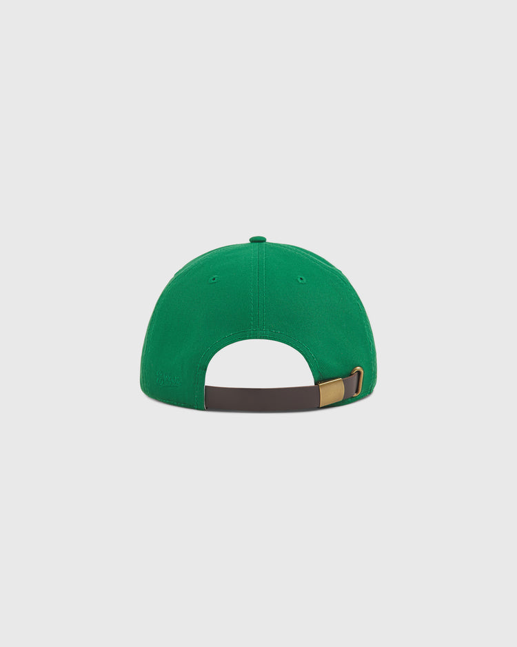 The Ebbets Field Hawaii Islanders (PCL) 1961 Logo Script Cotton Twill Ballcap in green is shown from the back, displaying a brown adjustable strap with a metal buckle against a plain white background.